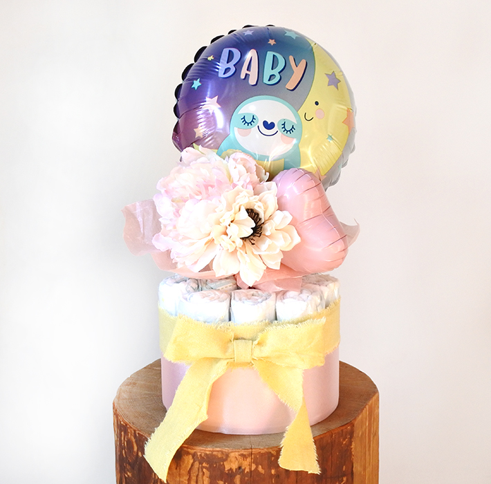 【出産祝い、100日祝い】ミニバンチ付き　ベイビースロース　おむつケーキ　ピンク【送料込み】