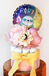 【出産祝い、100日祝い】ミニバンチ付き　ベイビースロース　おむつケーキ　ピンク【送料込み】
